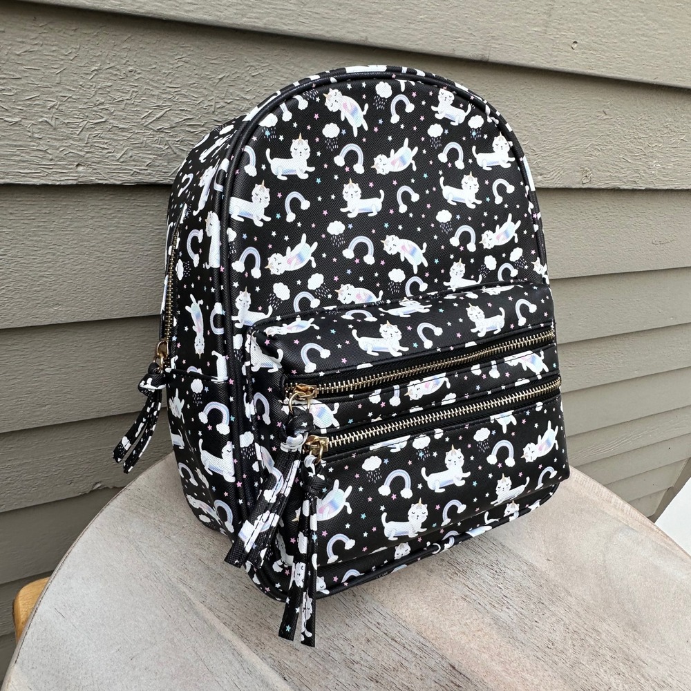 Under One Sky Caticorn Rainbow Mini Backpack Black Faux Leather Kawaii Bag - Picture 7 of 11